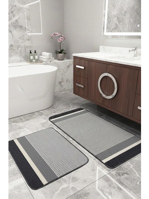 Moontime Alaçatı Banyo Paspası 2’li Set Yıkanabilir Dokuma Yüzey Kaymaz Taban Klozet Takımı Banyo Halısı Paspas
