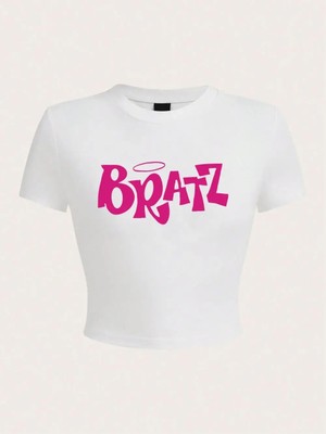 Tarzsokak Kişilik Bayan Kırpma T-Shirt Y2K Pembe Bratz Mektup Baskılar Kısa Kollu Yüksek Elastik Yumuşa