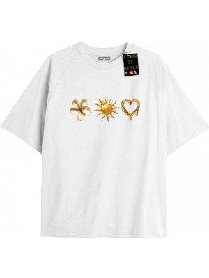 Tarzsokak Beyaz Oversize T-Shirt Güneş Kalp Çiçek Özel Tasarım