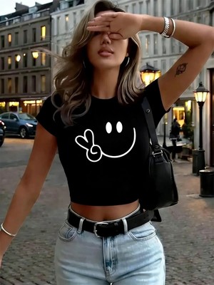 Tarzsokak Makas El Gülümseme Grafik Baskılar Bayan Kırpma Üstleri Yaz Yüksek Elastik O-Boyun Tees Y2K I