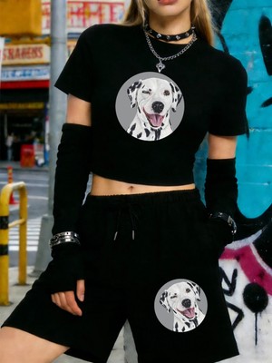 Tarzsokak Yaz Dalmaçyalı Köpek Baskılı Babby Teet-Shirt Şort Kadın Seksi Iki Parçalı Set Diz Boyu Pantolon