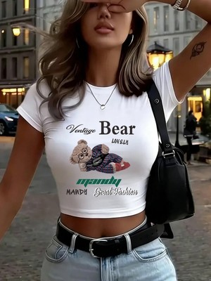 Tarzsokak Güzel Ayı Karikatür Baskılar Bayan Kırpma Üstleri Yaz Yüksek Elastik Yumuşak Tişörtler Dar Ke
