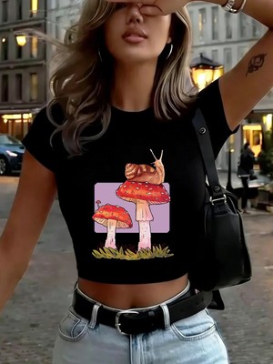Tarzsokak Salyangoz Mantar Baskı Bayan Babby Teet-Shirt Yaz Yumuşak Yüksek Elastik Üstler O-Boyun Kısa Koll