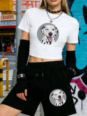 Tarzsokak Yaz Dalmaçyalı Köpek Baskılı Babby Teet-Shirt Şort Kadın Seksi Iki Parçalı Set Diz Boyu Pantolon
