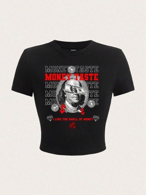 Tarzsokak 100% Pamuk Kadın Kırpma T-Shirt Para Tat Mektup Baskılı Tişört Gömlek O-Boyun Sıkı Kısa Kollu