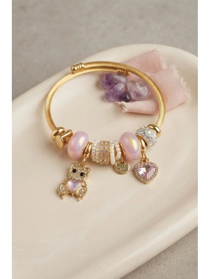 Ceylan Adam Mey Ithalat® Pembe Renk Teddy Bear Model Gold Charmlı Bileklik