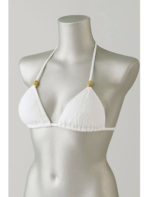 Najmaddin Beru Beyaz Pedli Üçgen Bikini Üstü Halter Bağlamalı Aksesuarlı Esnek Kumaş Kadın Mayo Üst�