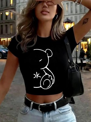 Tarzsokak Karikatür Ayı Rahat Hissediyor Baskılı Kadın Babby Teetişörtleri Yazlık Yuvarlak Yaka Dar Kesim Ü