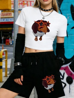 Tarzsokak Yaz Komik Dachshund Köpek Baskılar Kırpma T-Shirt Şort Kadın Iki Adet Set Diz Boyu Pantolon Y