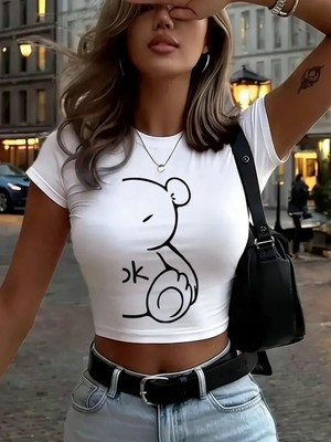Tarzsokak Karikatür Ayı Rahat Hissediyor Baskılı Kadın Babby Teetişörtleri Yazlık Yuvarlak Yaka Dar Kesim Ü