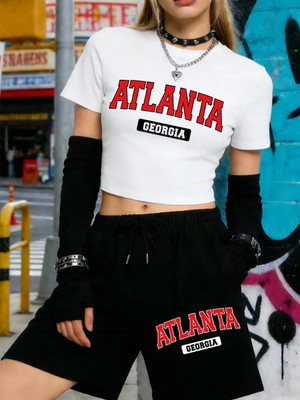 Tarzsokak Yaz Atlanta Georgia Mektup Baskılı Babby Teet-Shirt Şort Kadın Iki Parçalı Set Beş Nokta Pantolon