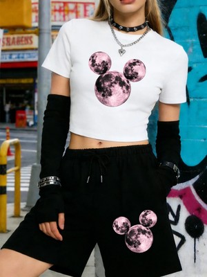 Tarzsokak Yaz Pembe Gezegen Baskılı Babby Teet-Shirt Şort Kadın Seksi Iki Parçalı Set Diz Boyu Pantolon Inc