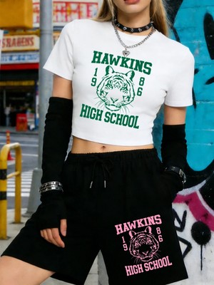 Tarzsokak Yaz Hawkins Lisesi 1986 Baskılı Babby Tees Şort Kadın Iki Parçalı Set Beş Nokta Pantolon Yumuş