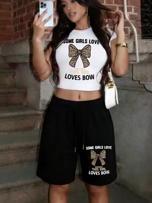 Tarzsokak Bu Kız Yay Baskılı Babby Teet-Shirt Şort Yaz Iki Parçalı Set Üstleri Pantolon Sıcak Tatlı Ipli Bü