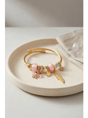 Ceylan Adam Mey Ithalat® Kelebek Model Gold Renk Pembe Charmlı Bileklik