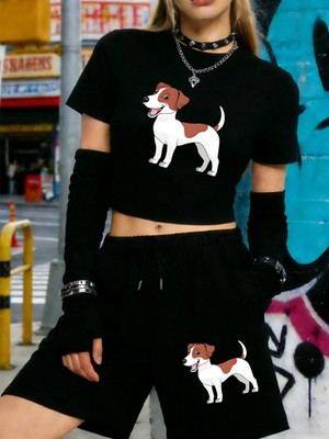 Tarzsokak Yaz Russell Terrier Köpek Baskılı Babby Teet-Shirt Şort Kadın Iki Parçalı Set Diz Boyu Pantolon I