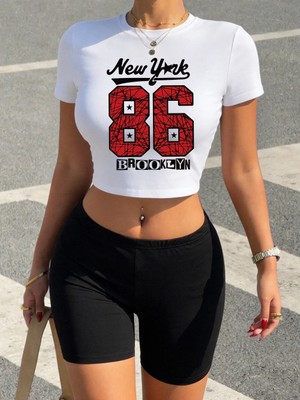 Tarzsokak Yaz New York Brooklyn 86 Baskı Kırpma T-Shirt Şort Kadın Iki Adet Set Üstleri Pantolon Yüksek
