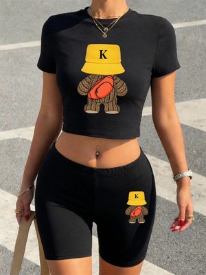 Tarzsokak Yaz Spor Yünlü Ayı Baskılar Kırpma T-Shirt Şort Kadın Seksi Iki Parçalı Set Üstleri Pantolon