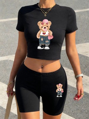 Tarzsokak Yaz Modası Aşk Pembe Ayı Baskılı Babby Teelar Şortlar Kadın Iki Parçalı Set Tişört Pantolon Yu