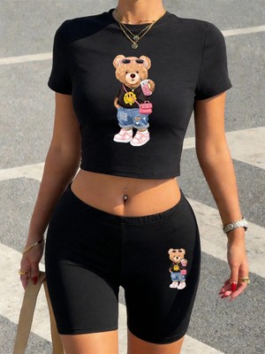 Tarzsokak Trend Bear Içecekleri Seviyor Baskılı Babby Teelar ve Şortlar Kadın Iki Parçalı Takım Tişörtle