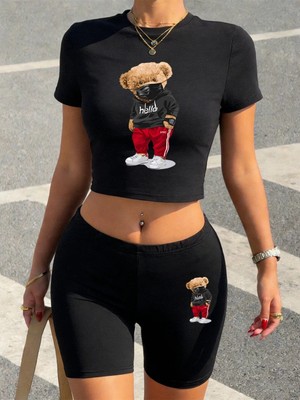 Tarzsokak Yaz Ayı Maskesi Giyen Baskılı Kırpma T-Shirt Şort Kadın Iki Parçalı Set Üstleri Pantolon Yüks