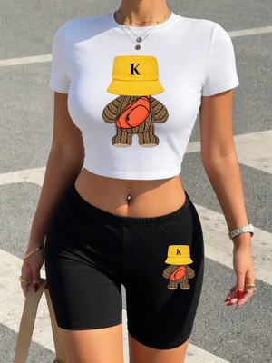 Tarzsokak Yaz Spor Yünlü Ayı Baskılar Kırpma T-Shirt Şort Kadın Seksi Iki Parçalı Set Üstleri Pantolon