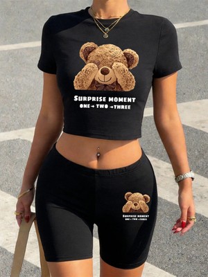 Tarzsokak Seksi Sevimli Ayı Sürpriz Anı Baskılı Babby Teet-Shirt Şort Kadın Iki Parçalı Set Üstleri Pantolo