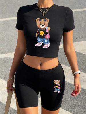 Tarzsokak Trend Bear Sister Içecekler Içiyor Baskılı Babby Teet-Shirt Şort Kadın Iki Parçalı Set Üstleri Pa