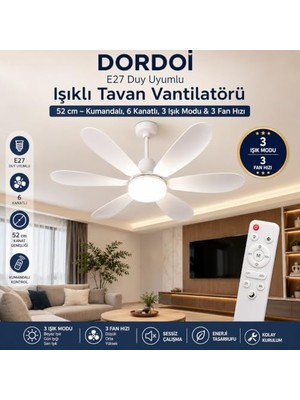 Aydogan's Dordoi E27 Duy Uyumlu Işıklı Tavan Vantilatörü 52 cm – Kumandalı, 6 Kanatlı, 3 Işık Modu & 3 Fan Hızı          [enerji Sınıfı F]