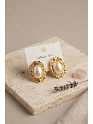 Hace Bazaar Mey Ithalat® 316L Gold Renk Gold Renk Vintage Beyaz Incili Model Küpe -Hcb