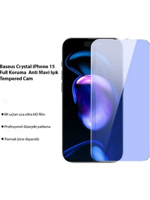 Baseus Crystal iPhone 15 Full Koruma Anti Mavi Işık Tempered Cam Ekran Koruyucu 2 Adet SET-(5775)