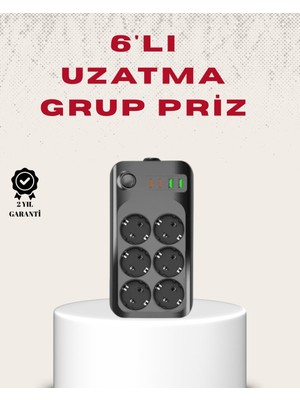 6 Lı Grup Priz Termal Korumalı USB Type-C Çoklu Priz 2 Metre Kablo