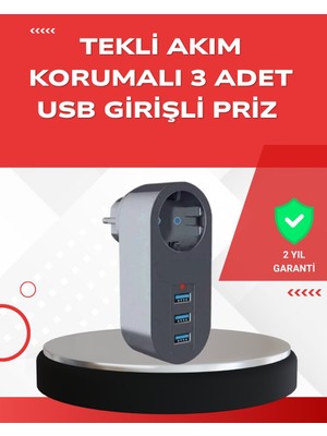 2500W Güç Destekli Akım Korumalı Priz - 3 USB Çıkışlı
