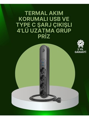 4 Priz 2 USB 1 Type-C Akım Korumalı Çoklu Priz LED Anahtarlı
