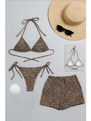 Hace Bazaar Kadın 3'lü Set Leopar Desenli Şortlu ve Yandan Bağlamalı Bikini Mayo Takımı