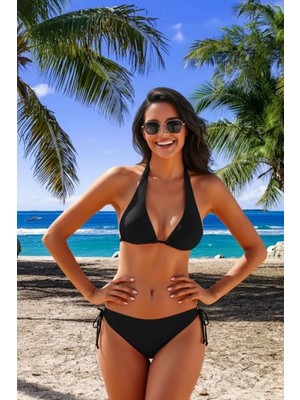 Hace Bazaar Siyah Üçgen Kesim Bağlamalı Bikini Takımı Ayarlanabilir Ipli Alt Üst Esnek Rahat Kadın Mayo Seti