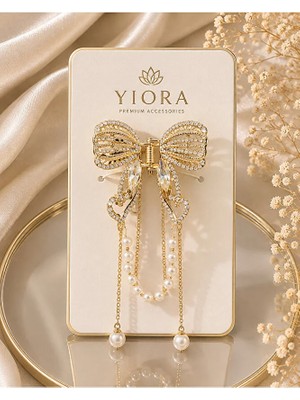Yiora Kristal Taşlı, Inci Zincir Sallantılı Gold Metal Kelebek Mandal Toka 6,5cm