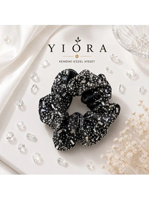 Yiora Özel Seri Taş Detaylı Işıltılı 1.kalite Saten Kumaş Pastel Ton Scrunchie Simit Lastik Toka
