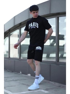 Tarzsokak Erkek Alt-Üst Tshirt-Şort Kombini Paris Baskılı Pamuklu Oversize Takım