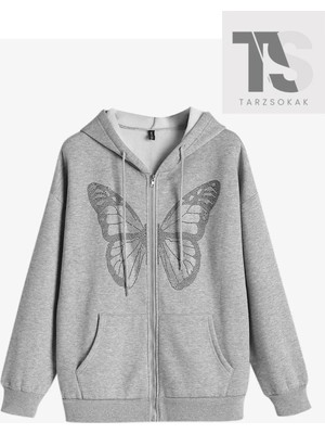 Tarzsokak Kelebek Tasarım Sweatshirt Fermuarlı Hırka Gri