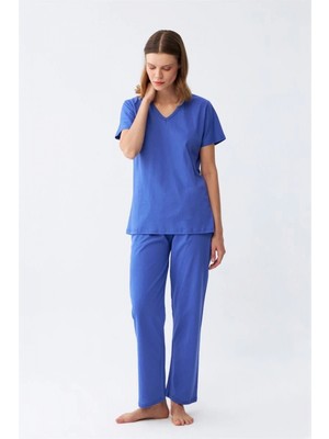 Hace Bazaar Marsilyan- Kadın Kısa Kol Pamuk Penye Pijama Takım Saks