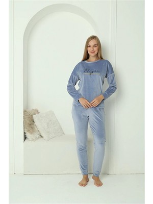 Hace Bazaar Marsilyan- Kadın Kadife Mavi Pijama Takım