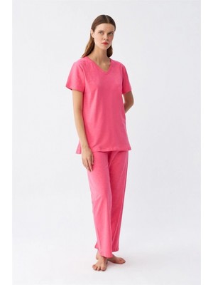 Hace Bazaar Marsilyan- Kadın Kısa Kol Pamuk Penye Pijama Takım Fuşya