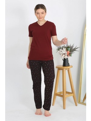 Hace Bazaar Marsilyan- Kadın Kısa Kol Pamuk Penye Pijama Takım Bordo