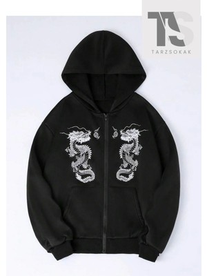 Tarzsokak Double Dragons Sweatshirt Fermuarlı Hırka Siyah