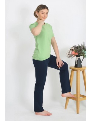 Hace Bazaar Marsilyan- Kadın Kısa Kol Pamuk Penye Pijama Takım Fıstık Yeşili