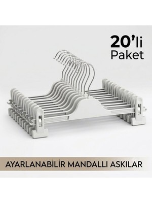 20 Adet Beyaz Mandallı Pantolon Askısı