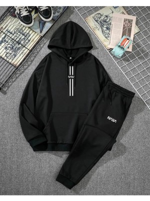 Tarzsokak Bsjeans Unisex Nasa Şerit Baskılı Kapüşonlu Sweatshirt-Eşofman Altı 2’li Set Takım Bsnasa