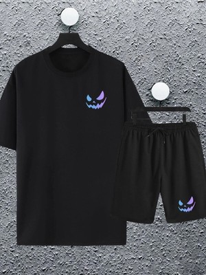 Tarzsokak Macklin Unisex Kadın Erkek Renkli Gülen Yüz Baskılı Oversize Tshirt ve Şort Eşofman Takımı Ma