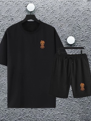 Tarzsokak Macklin Unisex Kadın Erkek Marvel Groot Baskılı Oversize Tshirt ve Şort Eşofman Takımı Mackli